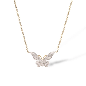 Close-up of sparkling zircon butterfly pendant on a delicate gold titanium steel chain