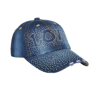 Distressed blue denim baseball cap with LOVE rhinestone design for outdoor women sports