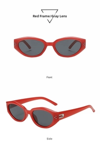 Detail of red cat-eye sunglasses with wide frames, gray lenses and metal stud accents