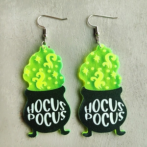 Fluorescent green Hocus Pocus witch cauldron acrylic earrings for Halloween party