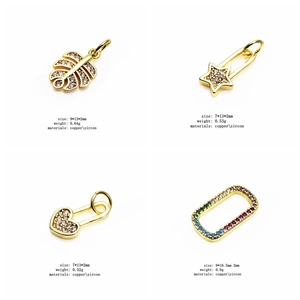 Detailed specs of gold zircon charms: leaf, star, heart, and rectangle designs