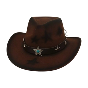 Detail of dark brown felt cowboy hat with star motifs and turquoise badge on the band