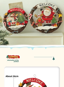 Detail of 24cm Christmas vine wreath with Santa, Snowman and Welcome sign hanging decor