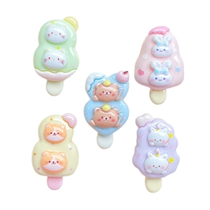 Cute cartoon animal resin popsicle charms in five pastel colors on white background