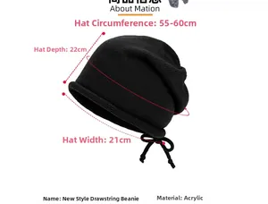 Size chart for acrylic slouchy beanie showing dimensions 55-60cm circumference and 22cm depth