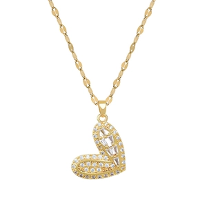 Titanium steel heart pendant necklace with micro-paved sparkling crystals on gold chain