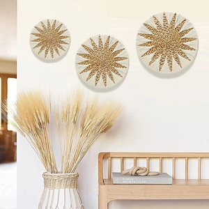 Set mit 3 nordischen Rattan-Wanddekor-Tellern im Boho-Stil für moderne Heimdekoration