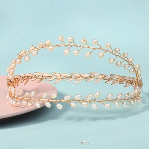 Golden vintage leaf headband with white pearls and pink metal petals for wedding