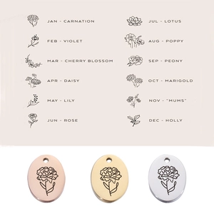 Polished stainless steel oval birth flower necklace pendants in gold, rose gold and silver