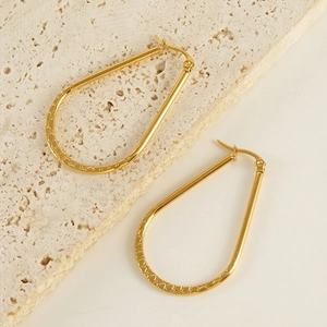 Boucles D'oreilles Créoles Goutte D'eau Acier Inoxydable Plaqué Or 18K Texture Gaufrée Minimaliste Géométrique Pour Femmes