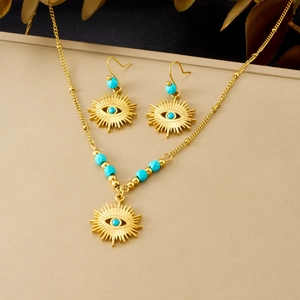 Retro Stainless Steel Gold Plated Turquoise Sun Evil Eye Pendant Necklace And Hook Earrings Vintage Bohemian Style