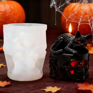 Moule en silicone Halloween pour bougies chat noir et crâne faites à la main