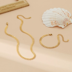 Minimalist Stainless Steel 18K Gold Plated Wheat Ear Jewelry Set For Women Necklace And Bracelet Handmade Fashion Neckwear
