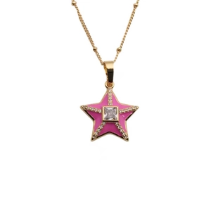 Chic gold star pendant necklace with pink enamel and sparkling zircon accents