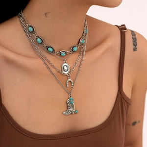 Bohemian multi-layer turquoise necklace set with silver cowboy boot and horseshoe pendants