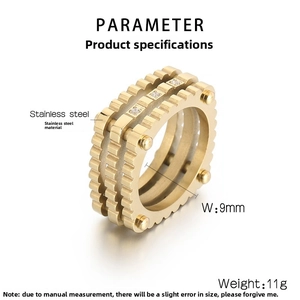 Detailed side view of a 9mm gold stainless steel ring with triple gear edges and zircons