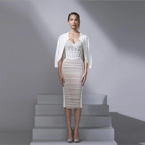 Elegant white velvet mesh corset dress with matching cardigan for party wear