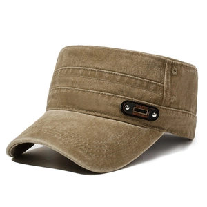 Vintage washed cotton cadet army cap in brown with classic decorative metal plaque