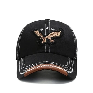 Men's black baseball cap with brown brim trim featuring an eagle embroidery design