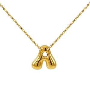 Detailed macro view of gold-plated 3D bubble letter A pendant on a thin O-chain