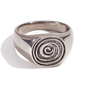 Polished silver signet ring in stainless steel with a spiral fingerprint pattern surface