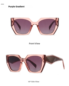 Detail of oversized cat-eye sunglasses with gradient purple lenses and geometric temples