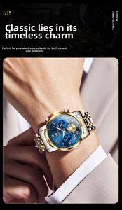 Close-up of OLEVS men's watch featuring a blue dial with Roman numerals and golden finish