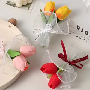 Mini artificial tulip bouquets in pink yellow and red with pearl lace wrap gift packaging