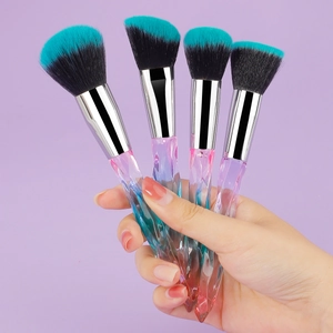 Iridescent crystal handle makeup brush set with cyan-black bristles for powder and blush