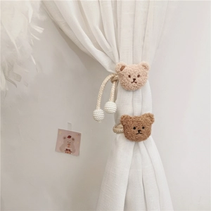 Cute plush bear curtain tiebacks in beige and brown with pearl accents for nursery