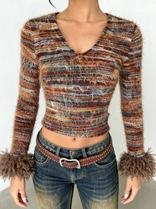 Retro multi-color striped V-neck crop top with feather cuffs and textured knit fabric