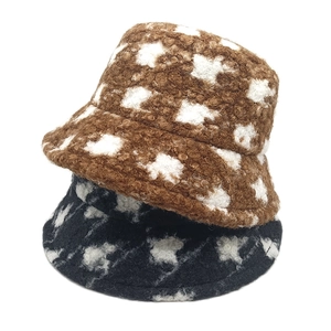 Retro plaid teddy fleece bucket hats in brown and black for winter warmth and style