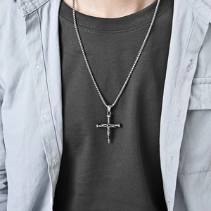Men's vintage silver stainless steel nail cross pendant necklace with relief design