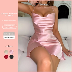 Damen Satin Nachthemd Spaghettiträger Wasserfall Ausschnitt Unterkleid KunstSatin Rückenfrei Schlafanzug Sexy Homewear