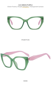 Cat-eye glasses frame featuring a translucent green frame and purple temples detail