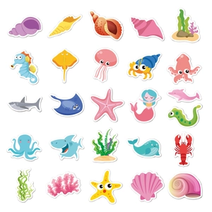 Macro display of assorted waterproof cartoon ocean life stickers for kids' water bottles