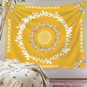 Floral mandala wall tapestry with pink roses and white leaves on ginger background