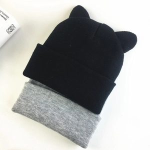 Cute knitted cat ear beanies for women in black and light grey for autumn and winter warmth