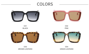 Square frame sunglasses in black, pink, and leopard prints displayed in a color grid