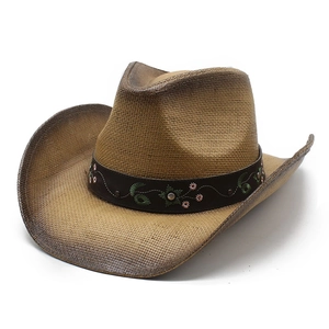Brown woven western cowboy hat featuring floral embroidery and curved vintage brim