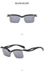Vorder- und Seitenansicht der stilvollen Wellen-Sonnenbrille mit silbernem Metallsteg