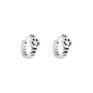 Vintage 925 silver smiley face huggie earrings with a chunky braided chain texture design