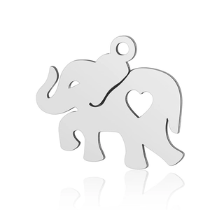 Detailed view of silver stainless steel elephant pendant with heart-shaped cutout design