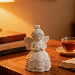 Vue détaillée d'une statuette d'ange en céramique blanche avec cœur et relief floral
