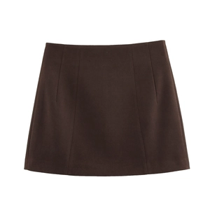 Deep brown A-line mini skirt with structured seams and textured fabric shown in flat lay