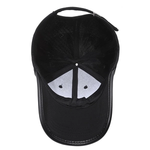 Classic black baseball cap interior view with sweatband and adjustable metal buckle