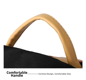 Detail of contrast leather handle and durable nylon fabric on travel backpack