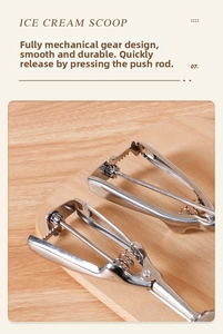 Detail of mechanical gear and lever mechanism on stainless steel ice cream scoop