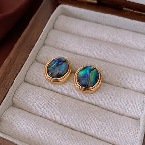 18K gold plated oval abalone shell earrings with iridescent glow in luxury jewelry box