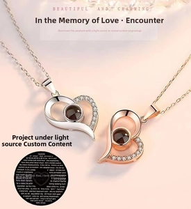 Macro shot of silver and rose gold heart projection necklace with zircon inlay
